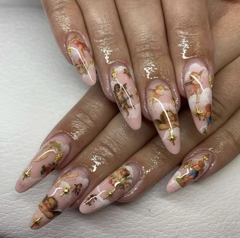 Renesance Nails, Cherub Angel Nails, Angel Nails Acrylic, Cherub Nails, God Nails, Catholic Nails, Victorian Nails, Angel Nail Art, Crazy Nail Designs