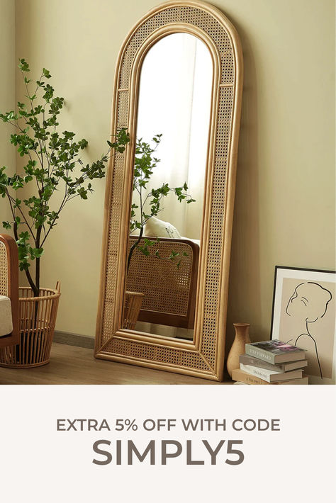 Rattan floor mirror - Extra 5% off with code SIMPLY5 Rattan Bedroom, Boho Mirrors, Arched Floor Mirror, Aesthetic Room Ideas, Rattan Mirror, Boho Furniture, Boho Living Room Decor, Bedroom Mirror, Simple Bedroom