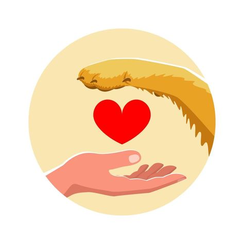 Human hand, heart and paw of a dog. The concept of animal care, pet supplies, training and handling. Vector stock illustration. Paw Illustration, Dog Emotions, Human Vector, 심플한 그림, Human Icon, Hand Heart, Paw Heart, Human Hand, Animal Care