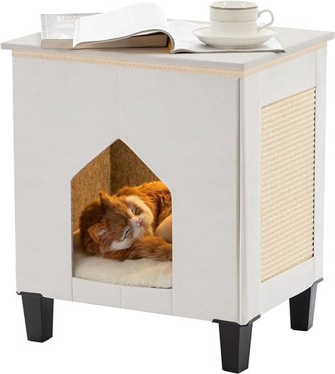 Cat Hideaway, Feral Cat House, Hideaway Bed, Nightstand Decor, Bed Side Table, Cat Scratch, Indoor Cats, Cat Condo, White Nightstand