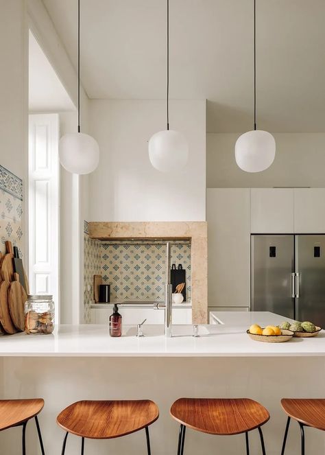 Kitchen with wooden Gubi stools and classic Portugese backsplash. Modern Color Kitchen, Spanish Style Interior Design, Ikea Wall Shelves, Tufted Mattress, Backsplash Diy, Fluted Wood, Lisbon Apartment, Ikea Wall, French Apartment