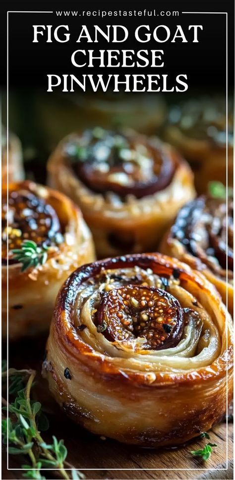 These Fig and Goat Cheese Pinwheels are a delicious combination of creamy goat cheese, sweet fig jam, and earthy thyme wrapped in golden, flaky puff pastry. Perfect for holiday gatherings, brunches, or a sophisticated appetizer on a charcuterie board. Customizable with walnuts for crunch and honey for sweetness. #FigAndGoatCheese #Pinwheels Figs And Goat Cheese Appetizer, Charcuterie Board Pinwheels, Appetizer Recipes Picnic, Fig And Goat Cheese Puff Pastry Roll, Puff Pastry Recipes Goat Cheese, Puff Pastry Fig Goat Cheese, Fig Jam Charcuterie Board, Fig And Prosciutto Appetizer, House Warming Appetizer