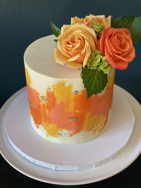 Orange And Gold Cake, Orange Birthday Cake, Cake Orange, Edible Gold Leaf, Orange Birthday, Beautiful Cake Designs, Gold And Orange, Watercolor Cake, Modern Cakes