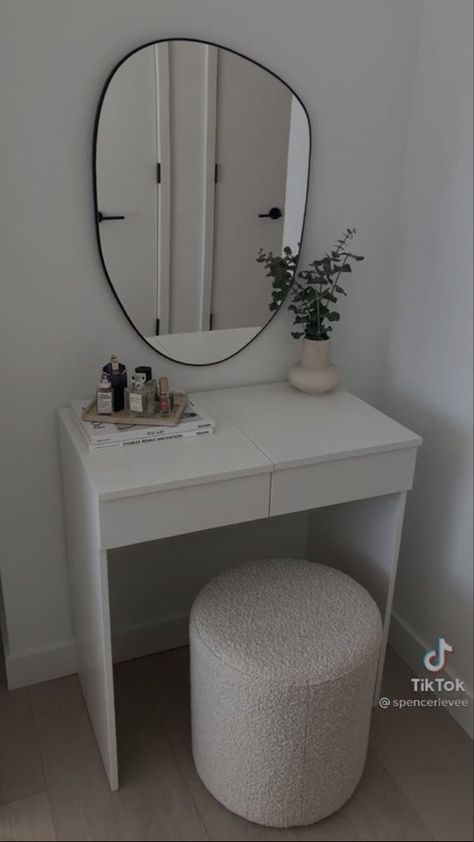 Brimnes Dressing Table, Corner Desk Ideas, Small Makeup Vanity, Diy Corner Desk, Makeup Vanity Desk, White Room Decor, Beauty Room Decor, Redecorate Bedroom, Minimalist Room