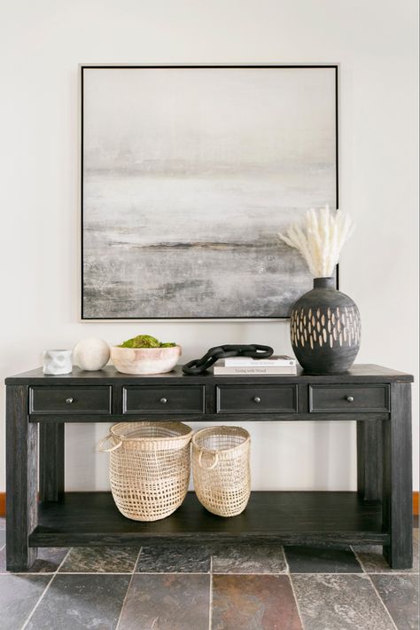 Entry Table Contemporary, Console Table With Painting, Console Table With Wall Art, Console Table Artwork, Modern Entryway Table Wood, Waterfall Console Table Entryway, Entryway Artwork Modern, Art Above Entry Table, Console Table With Art Above