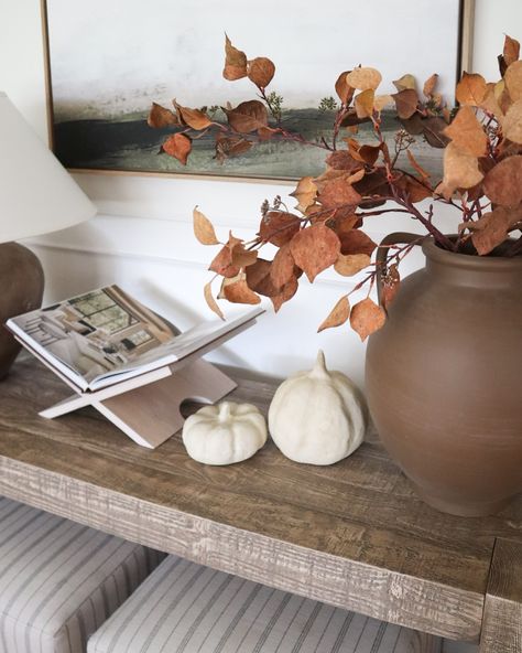 Fall console table decor - the only thing I changed here were the stems and the swapped a candle for the pumpkins 🍂 🍂visit the link in bio to shop this space Have a wonderful day! . . Fall decor, seasonal home decor, fall stems, console table decor, pottery barn home, McGee and co, target home Fall Console Table Decor, Fall Inspired Living Room, Simple Console Table, Fall Stems, Console Table Decor, Living Room Console Table, Living Room Refresh, Mcgee And Co, Decor Pottery