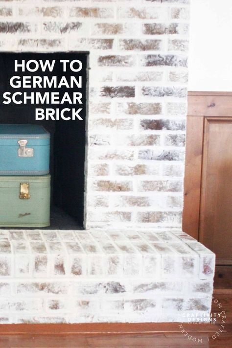 Learn how to German schmear brick, in no time! Makeover a brick fireplace with mortar wash, a beginner-friendly DIY project. #diyproject #renovation #remodel How to German Schmear Brick | How to Mortar Wash Brick | German Smear | Brick Fireplace Makeover | Brick Fireplace Update via @craftivityd Brick Mortar Wash, German Schmear Brick, Mortar Wash, German Smear Brick, Remodel Fireplace, Faux Brick Backsplash, White Wash Brick Fireplace, German Schmear, German Smear