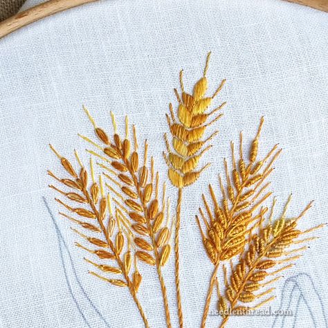 Embroidered Wheat Five Ways, Part 4: Last Stalk & Leaves – NeedlenThread.com Embroidered Wheat, Climate Art, Autumn Embroidery, Autumn Diy, Fall Embroidery, Fall Embroidery Designs, Embroidered Tops, Embroidery Leaf, Halloween Embroidery Designs