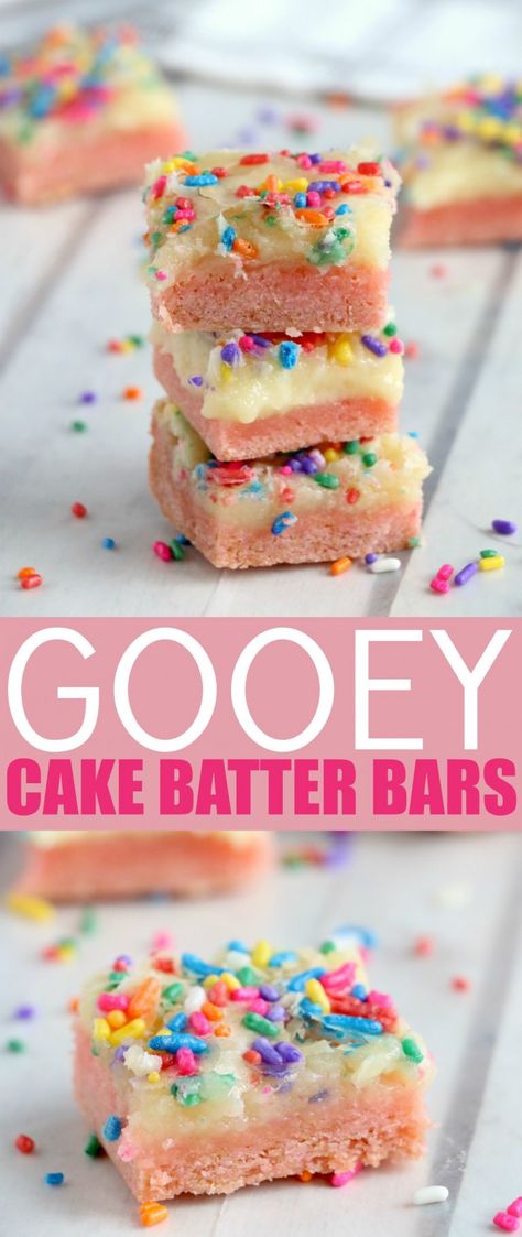 Soft and sweet, these Gooey Cake Batter Bars are super easy to throw together - just cake mix and a few other simple ingredients. Cake Batter Bars, Cake Batter Recipes, Gooey Cake, Delish Desserts, Batter Recipe, Easy Treat, Frugal Mom, Dessert Bar Recipe, Dessert Aux Fruits