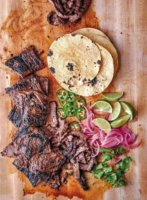 Steak Taco Recipe, Skirt Steak Tacos, Skirt Steak Recipes, Grilled Skirt Steak, Michael Symon, Steak Tacos, Grilling Season, Pickled Onions, Clean Food