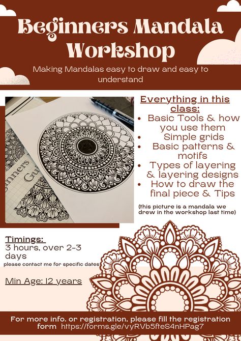 Fill the form to know more about or join the Mandala art class - ALL made beginner friendly! Chose between one-on-one, group classes or upcoming workshops. Both pre-recorded courses and interactive sessions are available! https://forms.gle/vyRVb5fteS4nHPag7 Different Types Of Mandala Art, Mandala Art With Measurements, How To Learn Mandala Art, Mandala Art Project Middle School, Which Pen Is Used For Mandala Art, Registration Form, Lip Gloss Homemade, Basic Tools, Mandala Art