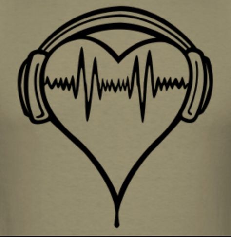 Heart with headphones Headphones Tattoo Simple, Headphones Tattoo Design Ideas, Heart With Headphones Drawing, Heart With Headphones, Heart With Music Tattoo, Music Heart Tattoo Designs, Headphones Tattoo, Headphones Drawing, Girl Drawing Easy