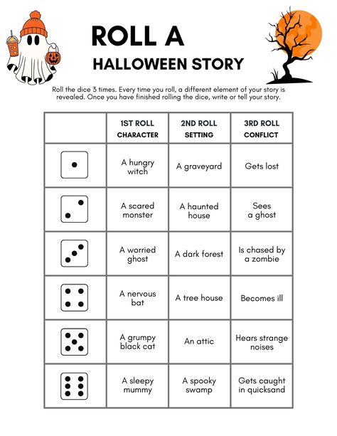 Bring out your students' imaginations with these fun and engaging Halloween Writing Activities! Perfect for the classroom or at home, this set includes a variety of prompts and games to inspire creative thinking and storytelling.

Roll a Story: Roll the dice to create your own Halloween story.
Create & Write About Your Monster: Design a monster and describe its spooky adventures!
Write a Magic Spell: Get creative with spell-making.
Finish the Sentence: Complete Halloween sentence starters Halloween Roll A Story, Halloween Activities 3rd Grade, Halloween Creative Writing, Halloween Sentences, Main Idea Activities, Halloween Writing Activities, Roll A Story, Halloween Classroom Activities, Spooky Words