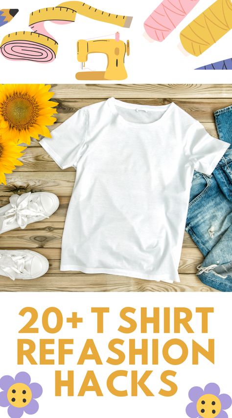 T shirt with sewing supplies and outfit Tee Shirt Redo, Diy Necklines, T Shirt Redesign, T Shirt Stencils, T Shirt Remake, Shirt Alterations, Altered T Shirts, Shirt Transformation, T Shirt Upcycle