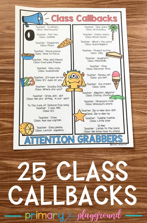 25 Class Callbacks-Attention Grabbers - Primary Playground Classroom Attention Grabbers, Classroom Chants, Toddler Behavior Management, Primary Playground, Attention Grabber, Attention Grabbers, Classroom Behavior Management, Whole Brain Teaching, 3rd Grade Classroom