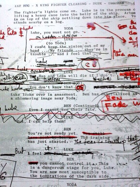 George Lucas' script notes for The Empire Strikes Back Script Writer Aesthetic, Screen Writer Aesthetic, Screenwriter Aesthetic, Screenwriting Aesthetic, Filmmaking Inspiration, Filmmaking Cinematography, Alec Guinness, Script Writer, Film Life