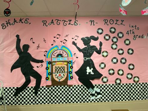 50s Theme Bulletin Board, 50s School Dance, 50s Bulletin Board Ideas, 50s Classroom Theme, Decades Dance, 50s Dance, Teacher Appreciation Week Themes, 50s Theme, 50s Theme Parties