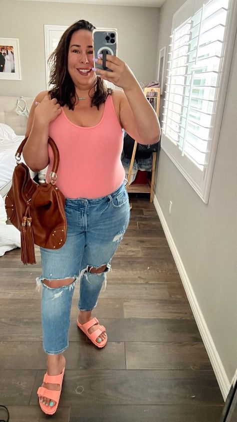 I am 5 foot five and got the jeans in a petite so they would be a little shorter. Bodysuit is also from them and I love it because it’s lightweight and slenderizing. I’m a 16 this is an XXL. Summer Outfits Bodysuit, Midsize Outfit Ideas, Outfits Bodysuit, Bodysuit Jeans, Jeans Sandals, Midsize Outfit, Spring And Summer Outfits, Midsize Outfits, Top Fashion Bloggers