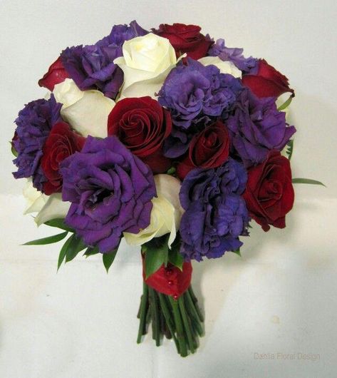 Purple white and red bouquet with roses Red Purple Wedding, Purple Bridal Bouquet, Mississippi Wedding, Red Wedding Theme, Purple Wedding Bouquets, Red Bouquet Wedding, Wedding Colors Purple, Red Wedding Flowers, Red Bouquet