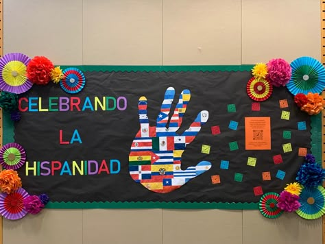 Colombia Bulletin Board Ideas, Spanish Club Bulletin Board, Dual Language Bulletin Board Ideas, Heritage Bulletin Board Ideas, Spanish Club Poster Ideas, Spanish Bulletin Boards Back To School, Hispanic Heratige Month Bulletin Board, 5 De Mayo Bulletin Board Ideas, Spanish Heritage Month Decorations