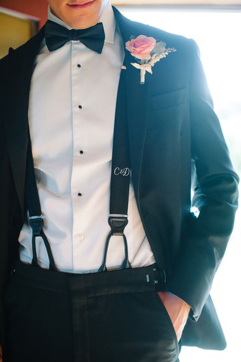 Monogrammed suspenders Tuxedo Suspenders, Groom Attire Suspenders, Classic Suspenders For Black Tie Events, Classic Formal Suspenders For Suit And Tie, Suspenders Wedding Black, Groom Suspenders Wedding, Black Bow Tie And Suspenders Groomsmen, Suit With Suspenders, How To Wear Suspenders