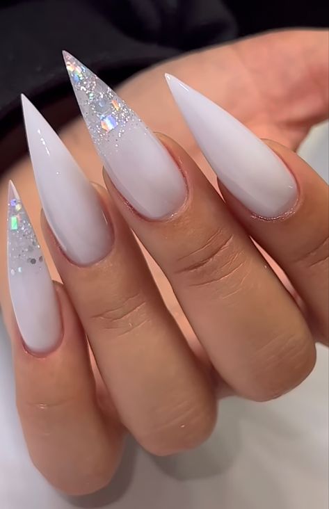 White Stiletto Nails, Stilleto Nails Designs, Sharp Nails, Milky Nails, Stiletto Nails Designs, Her Nails, Pink Acrylic Nails, Fabulous Nails, Chic Nails