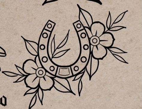 Horseshoe And Rose Tattoo, Western Flower Drawing, Horse And Horseshoe Tattoo, Horseshoe With Feathers Tattoo, Western Tattoo With Flowers, Small Horshoe Tattoo, Western Tattoo Drawings, Western Rose Tattoo, Horseshoe Coloring Page