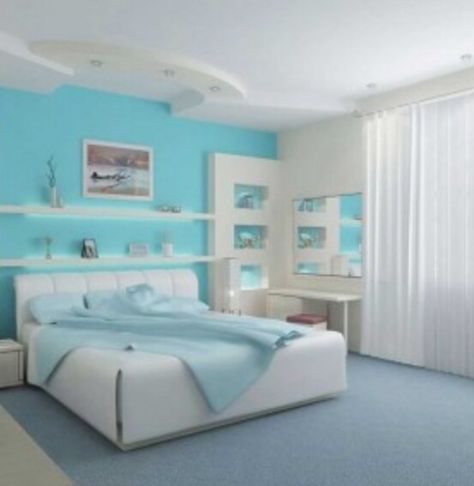 Sky blue & white bedroom Romantic Bedroom Colors, Girls Bedroom Paint, Light Blue Bedroom, Blue Painted Walls, Blue Bedroom Design, Modern Appartement, Hiasan Bilik Tidur, Blue Bedroom Decor