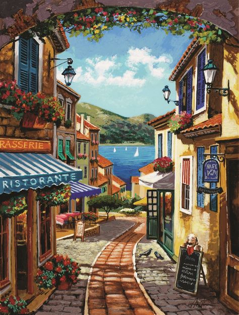 Anatoly Metlan - Walkway Near the Lake (Italy) Anatoly Metlan, Illustration Kunst, Scenery Art, Scenery Paintings, 수채화 그림, Beginner Painting, Arte Fantasy, Art And Illustration, Painting Art Projects