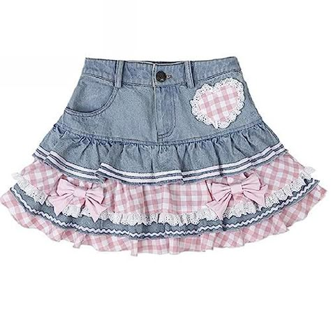 shopaholic mimi's Amazon Page Harajuku Skirt, Fitted Denim Skirt, Denim Skirts Online, Kawaii Skirt, Preppy Mode, Lace Cake, Mini Skirt Style, Rok Mini, Y2k Mini Skirt