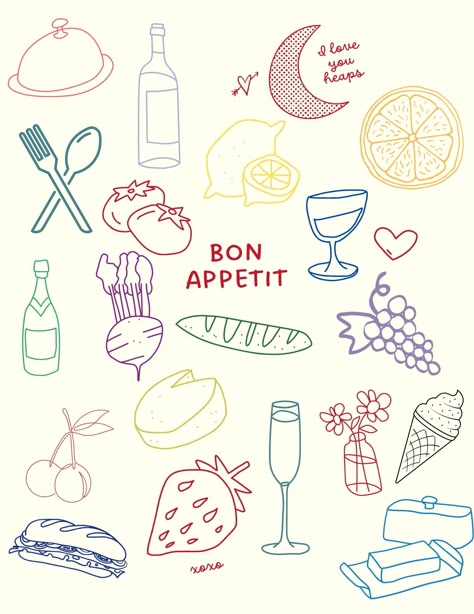 Custom designed Bon Appetit kitchen wall art! This is a vibrant fun design that will make any kitchen feel cozy and fun. Perfect for a date night decoration or just to make any space more fun. Download and print today!  Contact us for customization!  These are all designs we made for our home and want to share with you! Fine Dining Illustration, Kitchen Illustration, Feminine Tattoos, Kitchen Prints, Party Prints, Pottery Painting, Bon Appetit, Kitchen Wall Art, Banners Signs