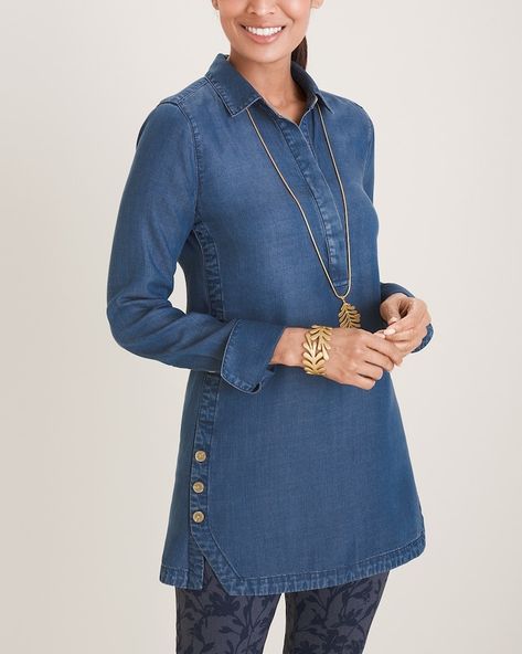 Tunics And Leggings, Denim Top Women, T Shirt Sewing Pattern, Iranian Fashion, Denim Tunic, Stylish Dress Designs, Tunic Styles, Kurta Designs, Womens Designer Fashion