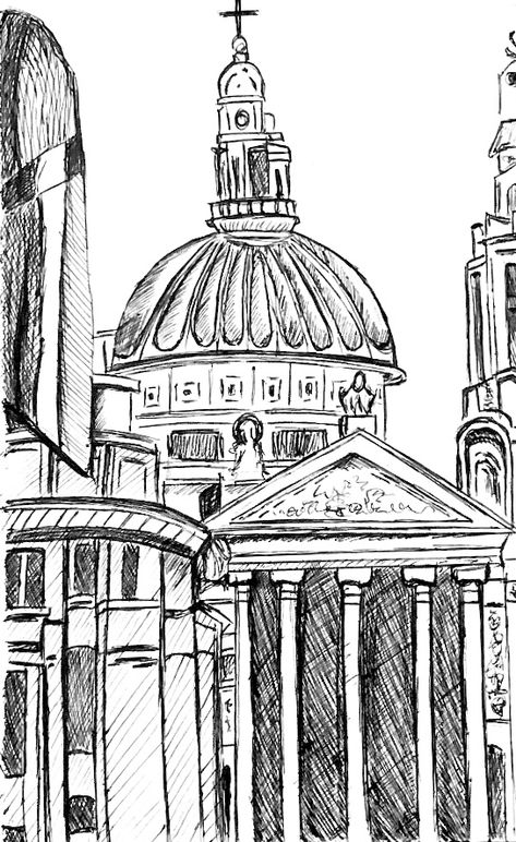 Black Ballpoint Pen Ballpoint Pen Drawing Simple, Cathedral Sketch, Black Pen Sketches, Meaningful Paintings, Bullet Pen, Ballpoint Pen Art, Pen Doodles, Ballpoint Pen Drawing, Simple Building