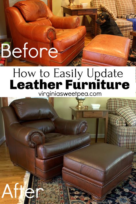 Paint Leather Couch, Leather Chair Makeover, Leather Chair And Ottoman, Leather Furniture Repair, Ottoman Diy, Red Leather Chair, Couch Makeover, Palette Patio Furniture, Diy Pallet Couch