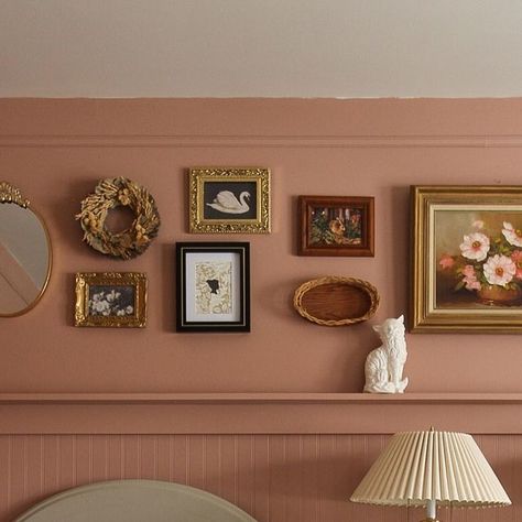 Pink Room With Wood Furniture, Pink Walls And Trim, Vintage Cottage Paint Colors, Dusty Pink Bedroom Walls, Mauve Pink Room, Moody Pink Bedroom, Gallery Wall Ideas Bedroom, Pink Walls Bedroom, Vintage Pink Bedroom