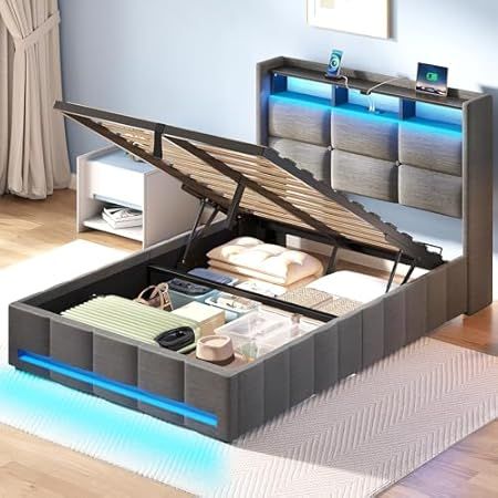 Bed Frame Full Size, Bed Frame Full, Bed With Led Lights, Led Bed Frame, Storage Headboard, Full Size Bed Frame, Full Bed Frame, Serene Bedroom, Queen Size Bed Frames