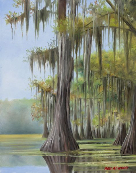 Scenic Paintings — Ron Atwood Art Watercolor Swamp Paintings, Swamp Paintings, Bayou Painting, Louisiana Birds, Swamp Trees, Swamp Painting, Swamp Scene, Painting Techniques Art, Ceramic Trees