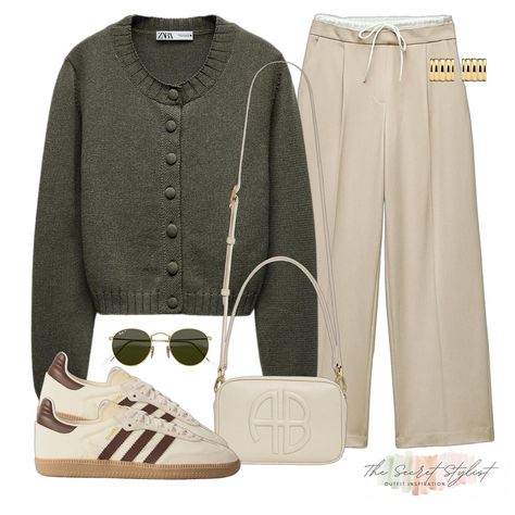 Khaki Cardigan Outfit, Beige Trousers Outfit, Khaki Cardigan, Shop The Outfit, Outfit Links, Trouser Outfit, Cardigan Outfit, Fashion Shoes Heels, Beige Outfit