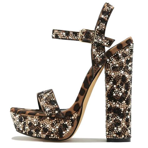 Elevate your style with these striking brown black leopard print crystal platform block heel sandals. Featuring a bold design, ankle strap, and comfortable platform for fashion-forward elegance. Color: Brown black Heel Type: Block heel Heel Height: 5.47'' / 139 mm approx Platform Height: 2'' / 50 mm approx Product measurements were taken using size 8. Please note that measurements may vary by size. Toe: Open toe All-over rhinestone design Adjustable buckled ankle strap design Handcrafted US sizing. Fits true to size. Cowboy Shoes, Leopard Print Boots, Extreme High Heels, Dance Heels, Boots Square Toe, Shoes Outfit Fashion, Platform Block Heels, Womens Stilettos, Black Leopard Print