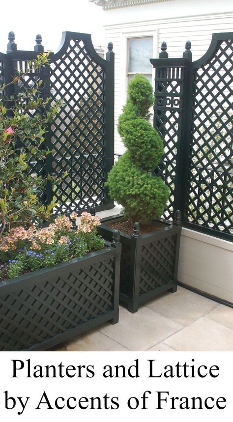 Balcony with lattice and planters by Accents of France Walpole Outdoors, Garden Screen, Garden Screening, French Garden, Garden Trellis, Garden Structures, Garden Fence, Country Gardening, Front Garden