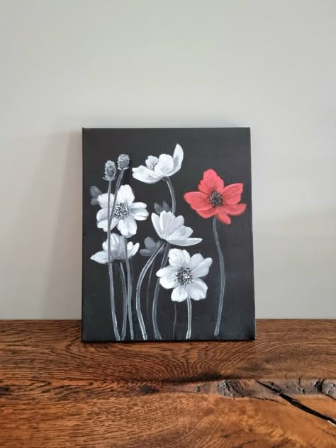 Black Background White Painting, Black Red Painting, Coaster Painting, I Only See You, Red Poppy Painting, White Poppies, Pistachio Shells, Blossom Painting, Black Canvas Art