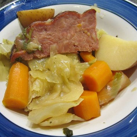 Slow Cooker New England Boiled Dinner Recipe | Allrecipes Ham Boiled Dinner, Boiled Dinner Recipe, Ham Slow Cooker, Ham And Cabbage Recipe, New England Boiled Dinner, Cooking Ham In Crockpot, Ham And Cabbage, Boiled Ham, Boiled Dinner