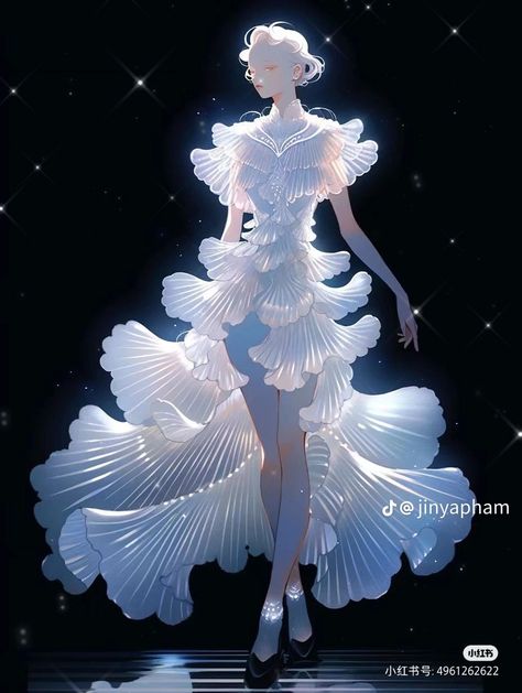 Spirit Character, Drawings Of Clothes, Ocean Spirit, Fish Dress, Girl Fanart, Fashion Drawing Tutorial, Dreamy Artwork, Nature Spirits, Fantasy Dresses