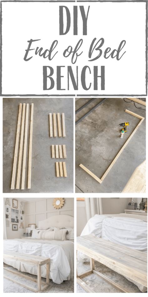 New DIY End of Bed Bench Diy Bench From Bed Frame, Small End Of Bed Bench, Diy End Of The Bed Bench, Diy Bench Behind Couch, Farmhouse End Of Bed Bench, Bookshelf At End Of Bed, Diy Bed End Bench, Diy Bedroom Bench Seat, Bedside Bench Bedroom Ideas