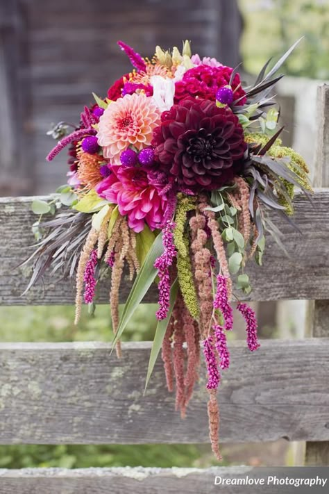 Sister Bride, Wonderland Flowers, Hanging Amaranthus, Colorful Bridal Bouquet, Vermont Fall, Flower Decorations Diy, Cascade Bouquet, Cut Flower Garden, Floral Set