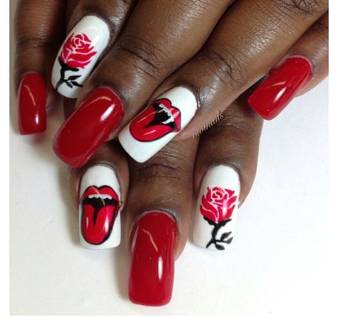 Rolling Stones Nails Designs, Rolling Stones Nails, Rock And Roll Nails Design, Rock N Roll Nails, Rock And Roll Nails, Rock Concert Nails, Nail Stones, Madonna Concert, Music Nails