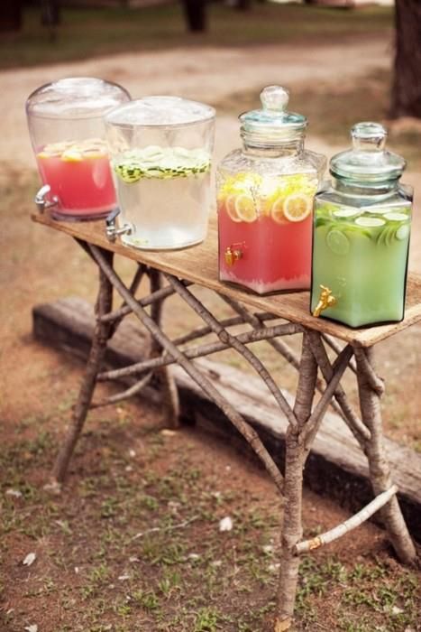 Looks lovely and saves time in the long run - everyone can help themselves!  Beverage dispensers #designsponge #dssummerparty Tropisk Fest, Drink Display, Graduation Party Foods, Wedding Backyard Reception, I Do Bbq, Bbq Wedding, Event Favors, Drink Station, Bbq Party