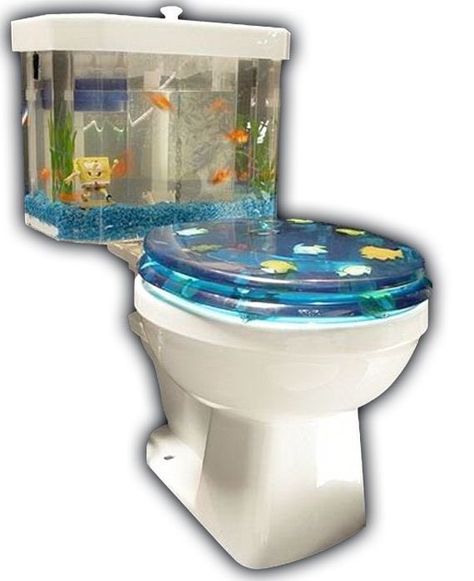 toilet with a blue toilet translucent toilet seat, with fake fish inside. the toilet tank is clear with a small spongebob inside. Frutiger Aero, Toilet Tank, Dream House Decor, Toilets, Aquariums, House Inspo, Dream Room, My Dream Home, Future House