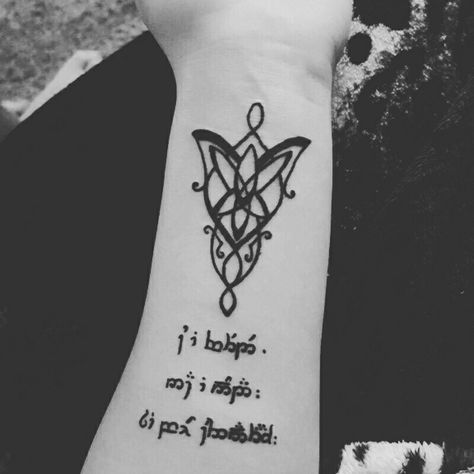 My Evenstar tattoo done by Brittney Hendricks at Crimson Tattoo Co. In auburn California. Inscription is sindarin script elvish and reads "û I vethed, na I onnad. Si boe u-dhannathach." Which translates to "It is not the end, it is the beginning. You cannot falter now." Sindarin Tattoo, Crimson Tattoo, Evenstar Tattoo, Elvish Tattoo, Auburn California, Lotr Tattoo, Mom Tattoo Designs, Mom Tattoo, End It