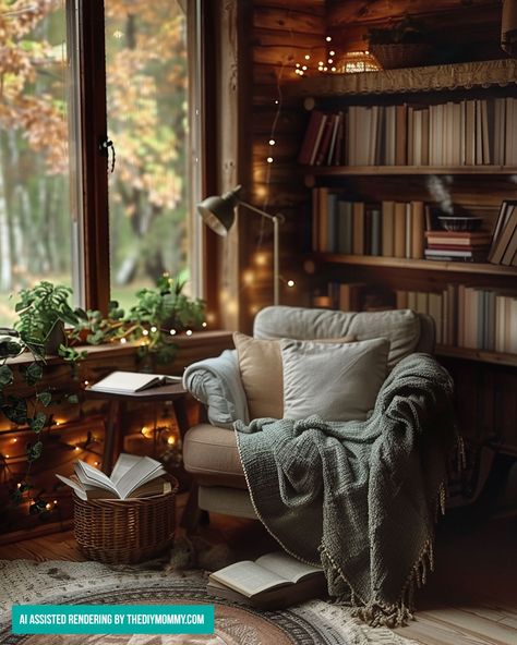 Reading Chair Ideas, Cozy Corners Living Room, Cosy Reading Chair, Cottagecore Chair, Corner Chair Ideas, Chair Reading Corner, Cozy Chairs For Reading, Cottagecore Reading, Cottagecore Decor Ideas